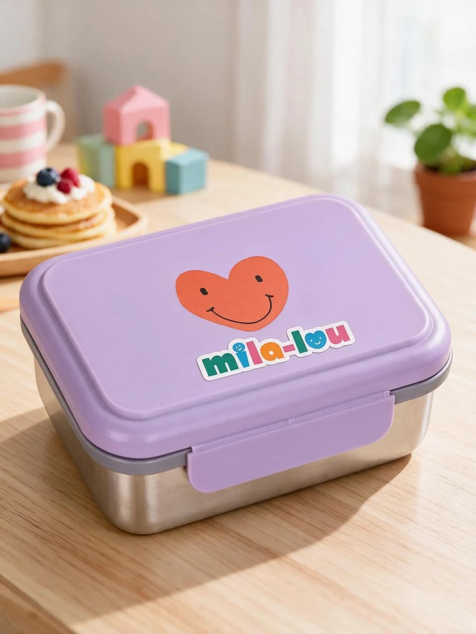 Paarse brooddoos met een kleurrijke Mila-Lou naamsticker