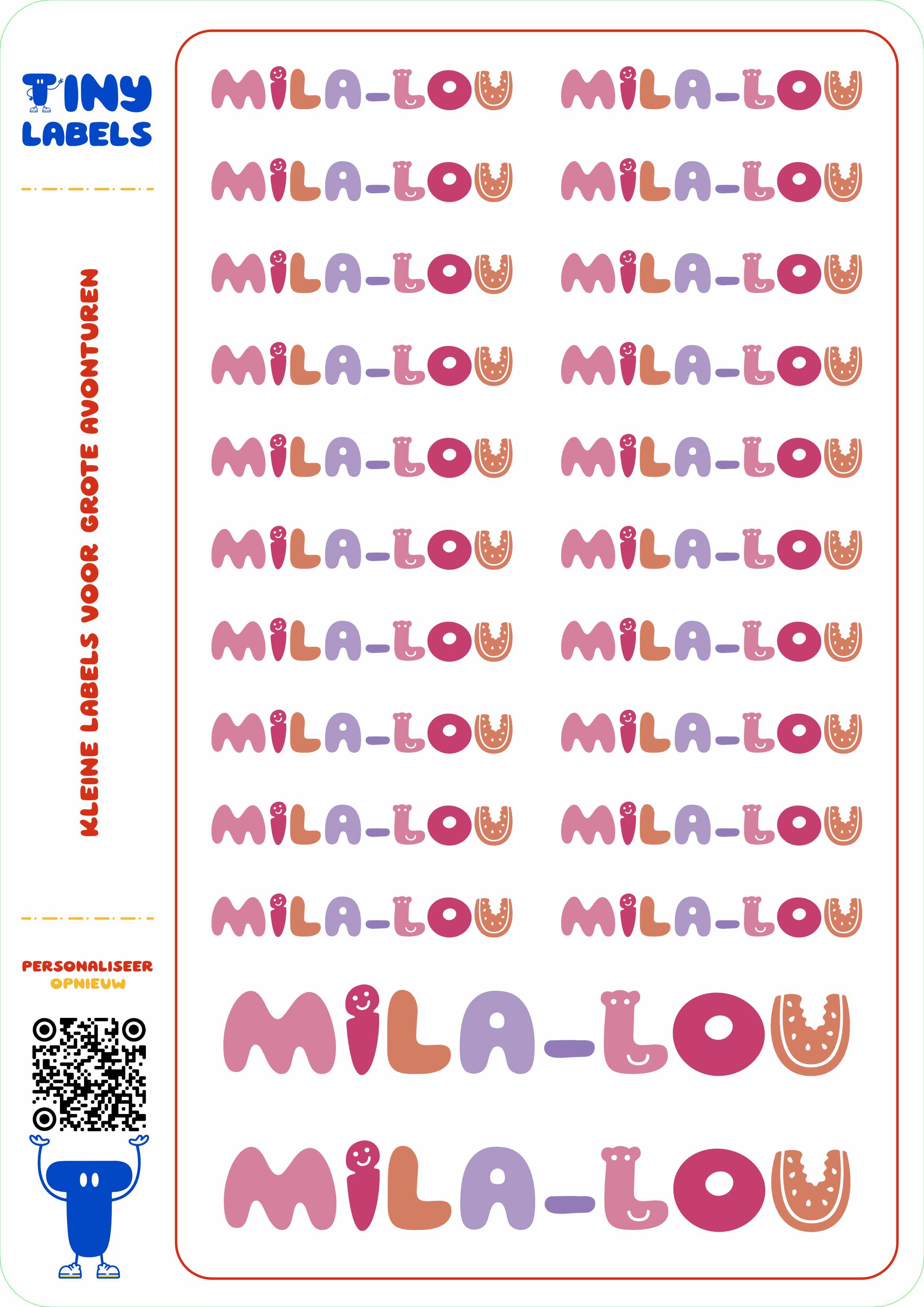 Naamstickers met de naam Mila-Lou, elke letter een figuurtje